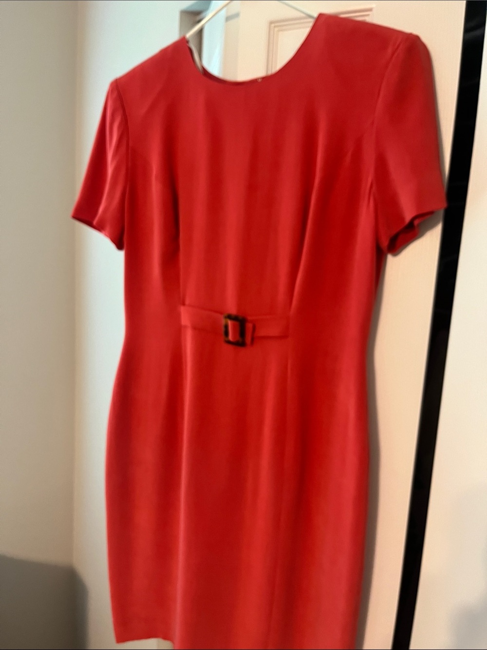 Maggy London Red Short-Sleeve Belted Midi Sheath Dress